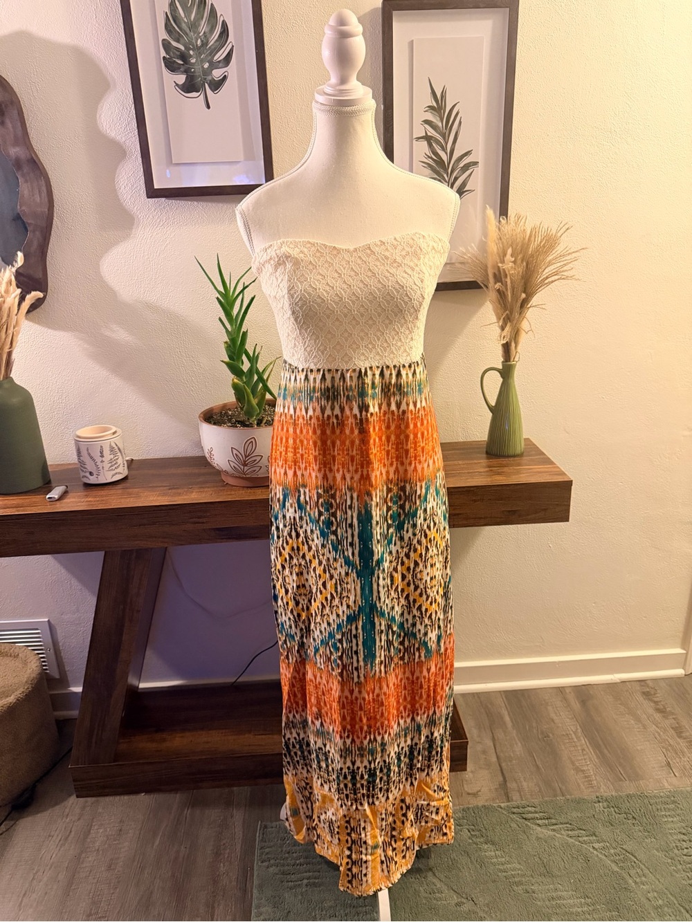 Maurices Strapless Maxi Dress in Cream, Orange & Teal